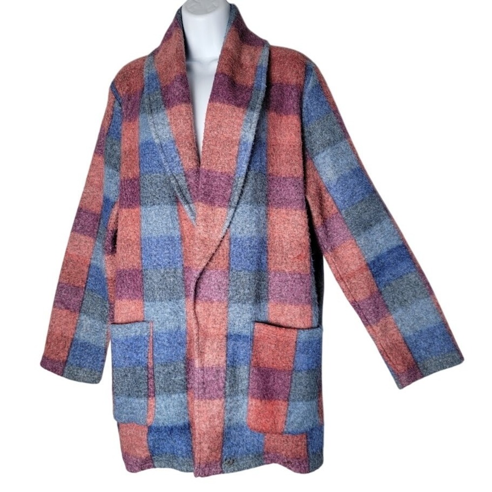 Hinge‎ Plaid Coatigan Women's Medium Open Front Coatigan Jacket Pocket Academia